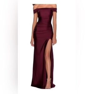 NWT -Style 28506 La Femme off the shoulder satin cross tie back trumpet gown